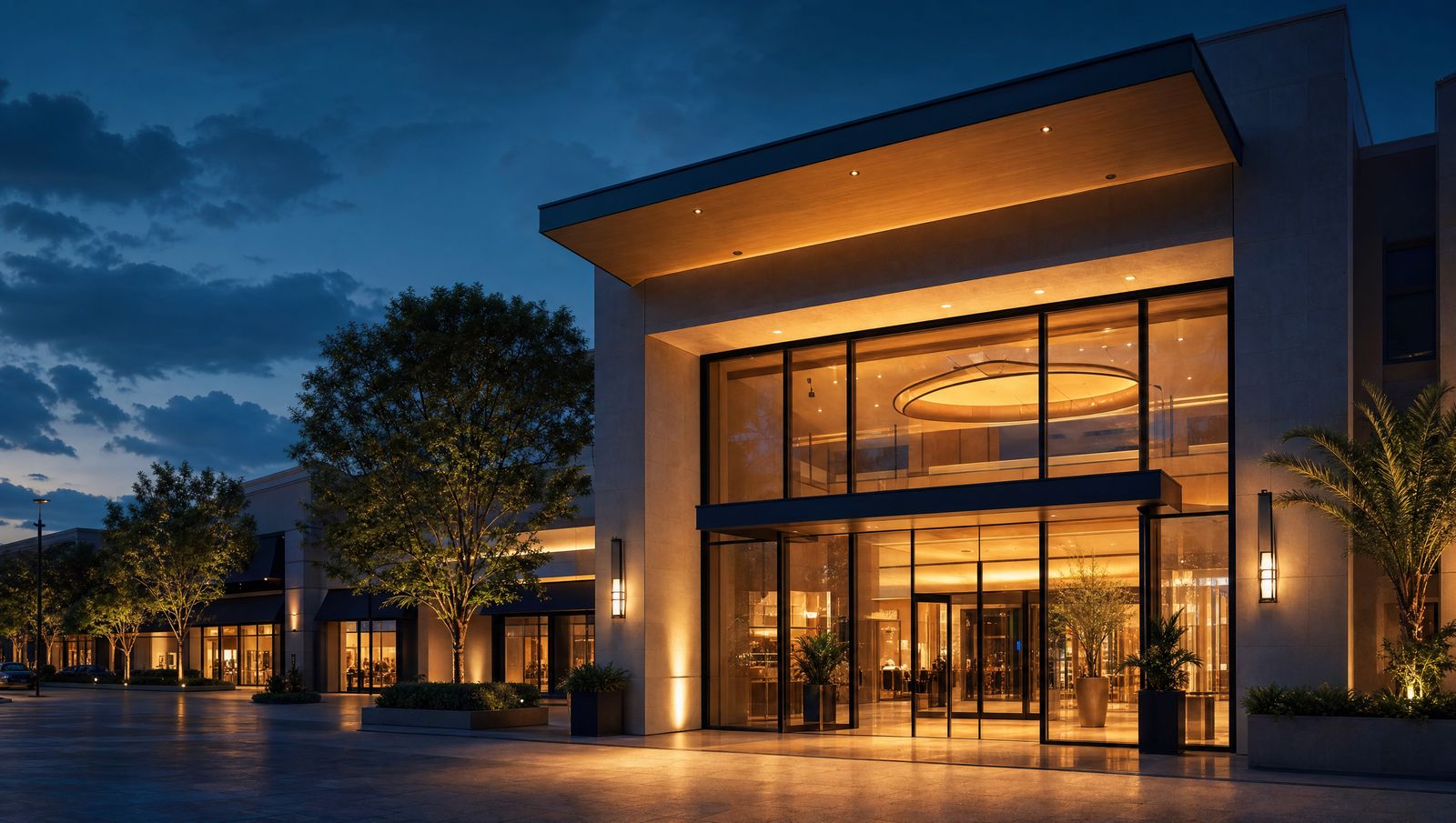 Retail centre exterior lit at dusk