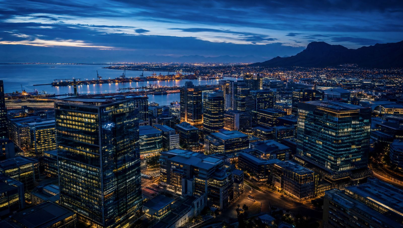 City skyline and harbour at dusk
