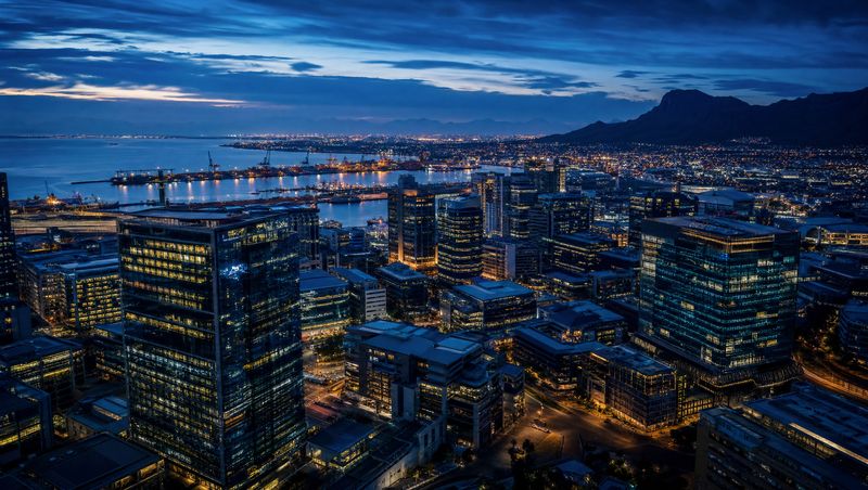 City skyline and harbour at dusk