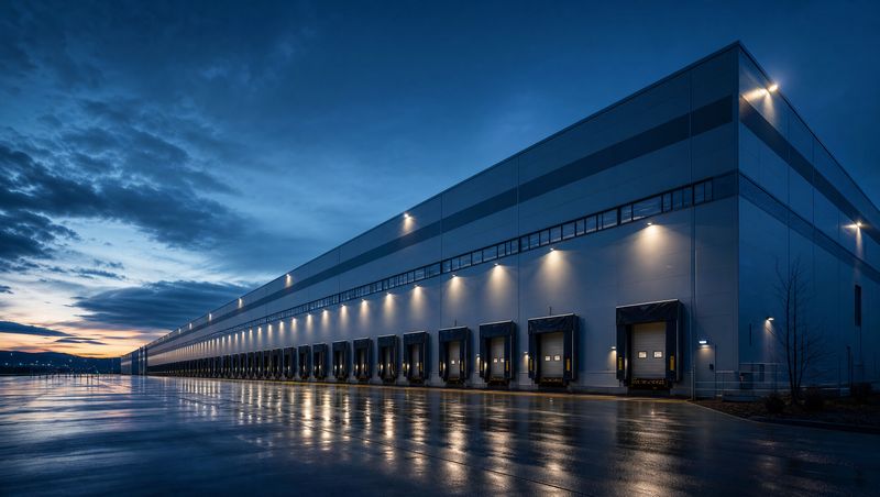 Industrial warehouse facades under a dusk sky