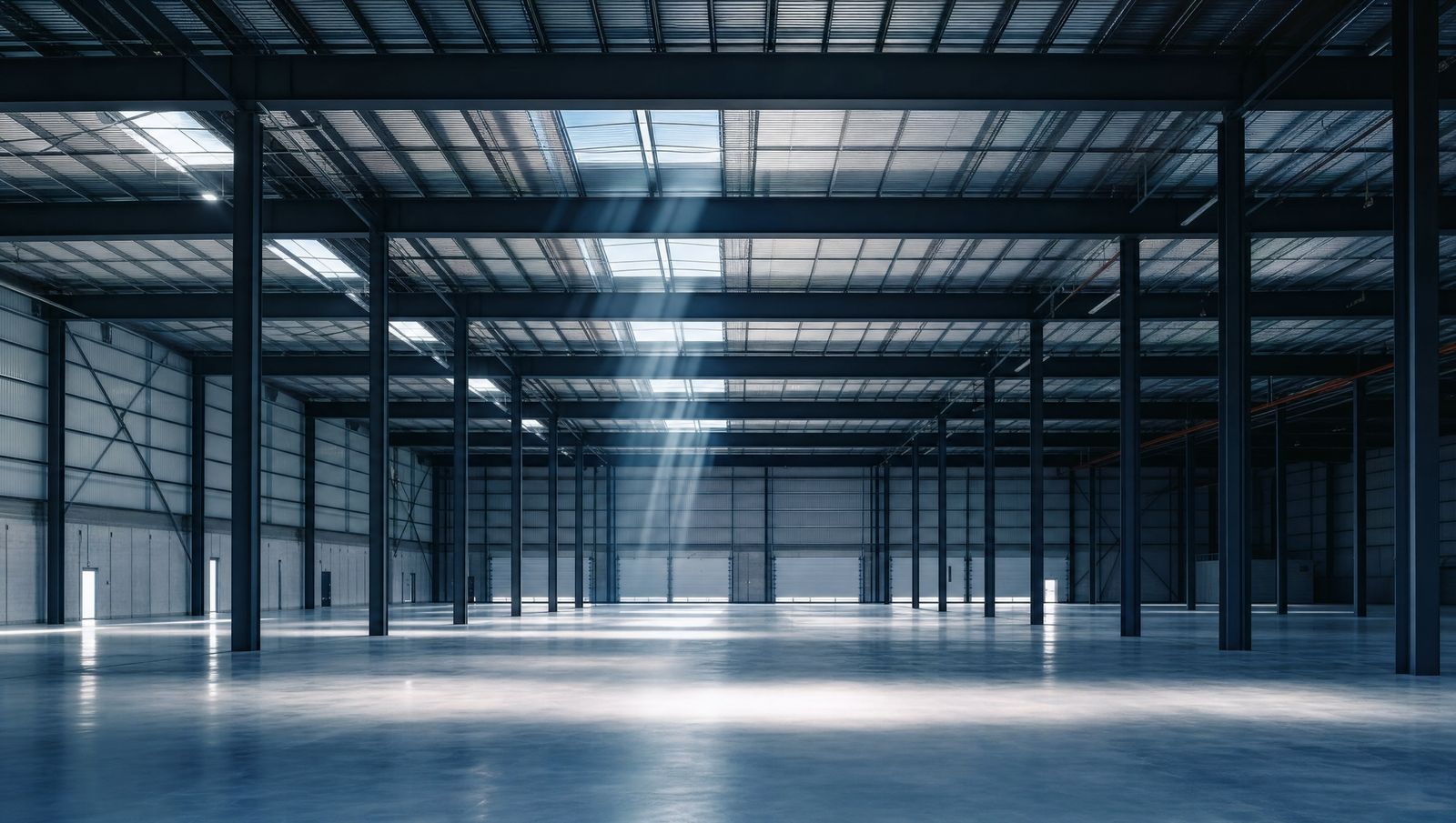 Interior of a high-bay logistics warehouse with racked storage